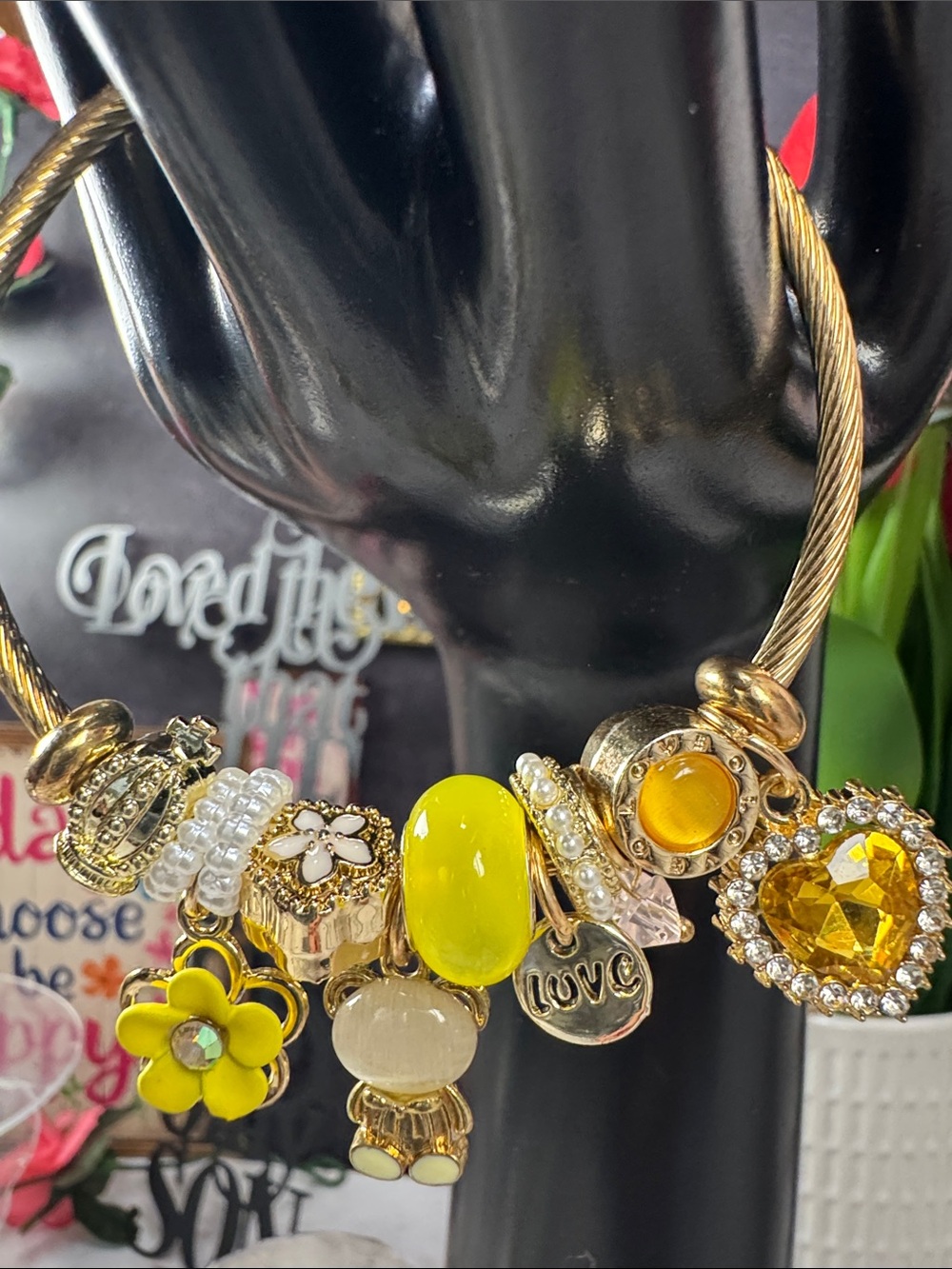 Gold-Tone Yellow Charm Bangle Bracelet - Women's Fashion Jewelry